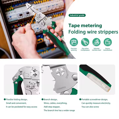 Multifunctional folding wire stripper