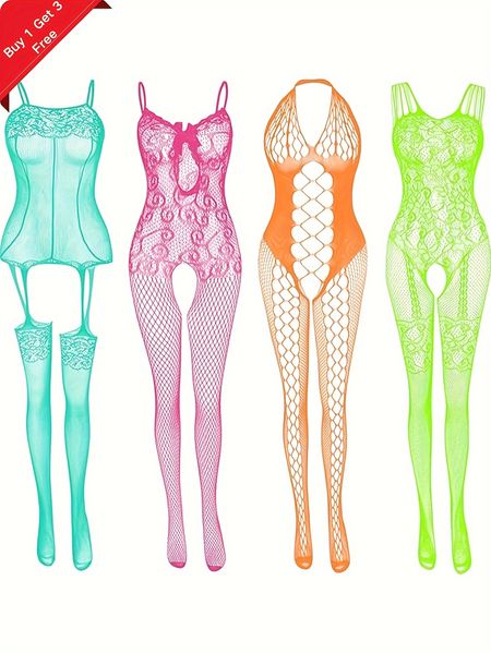 4pcs Plus Size Womens Sexy Bodystockings - Stretchy Full Body Fishnet Bodysuits with Hollow Out Jacquard Pattern, Semi-Sheer, Light Support, High Stretch Polyamide Fabric - Perfect for Adult Females