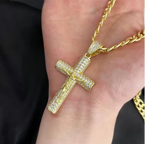 Religious Gift Hip Hop CZ Diamond Jesus Cross Necklace Iced Out Bling Cuban Link Chains Jesus Crucifix Pendant Necklace