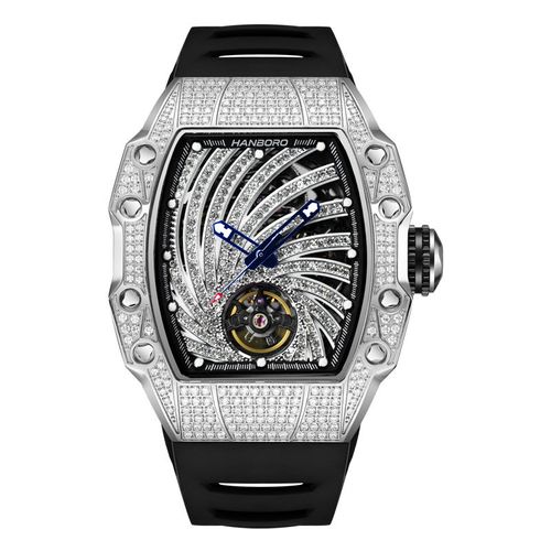 Luxury Stainless Steel Barrel Case Skeleton Flywheel Full Diamond Waterproof Men Automatic Mechanical Watch