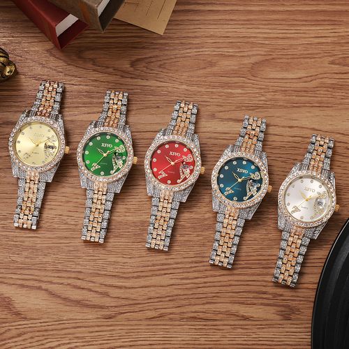 Men's Business Diamond-Set Aurora Mother-of-Pearl Dial Steel Bracelet Quartz Watch with Diamond-Set Indexes