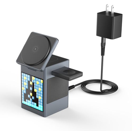 6-in-1 Magnetic Bluetooth Speaker Alarm Clock with Pixel Dynamic Display and Wireless Charger
