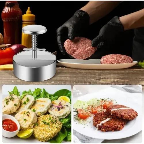 Stainless Steel Adjustable Burger Press, Manual Spring‑Loaded Hamburger Patty Maker