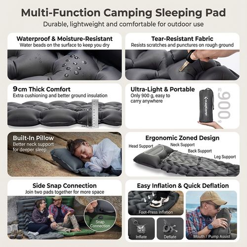 Self‑Inflating Camping Air Mattress, Portable Inflatable Sleeping Pad with Pillow for Outdoor Hiking Tent