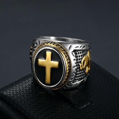 Unique Vintage Silver Hiphop Titanium Stainless Steel Zircon Cross Jewelry Men Ring