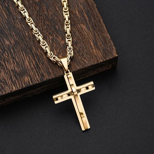 Hip Hop Christian Cross Religion 18K Gold Plated Non Tarnish Waterproof Stainless Steel Jewelry Pendants Necklaces Male Man Mens