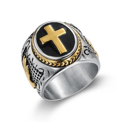 Unique Vintage Silver Hiphop Titanium Stainless Steel Zircon Cross Jewelry Men Ring