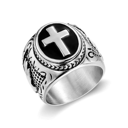 Unique Vintage Silver Hiphop Titanium Stainless Steel Zircon Cross Jewelry Men Ring