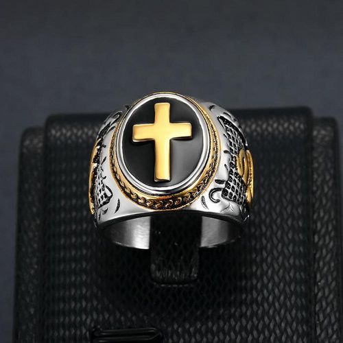 Unique Vintage Silver Hiphop Titanium Stainless Steel Zircon Cross Jewelry Men Ring