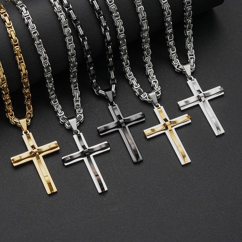 Hip Hop Christian Cross Religion 18K Gold Plated Non Tarnish Waterproof Stainless Steel Jewelry Pendants Necklaces Male Man Mens