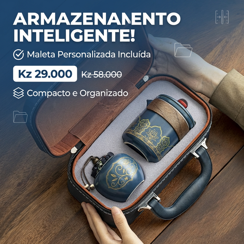 🔥🇦🇴Luanda 🍵✨ Conjunto Chá Portátil 🎒 Uma chaleira + 4 copos ☕ Cerâmica azul com dourado 💎 Estilo luxo leve 💼 Ideal para viagem, carro e escritório 🎁 Presente elegante🎁Ótimo presente