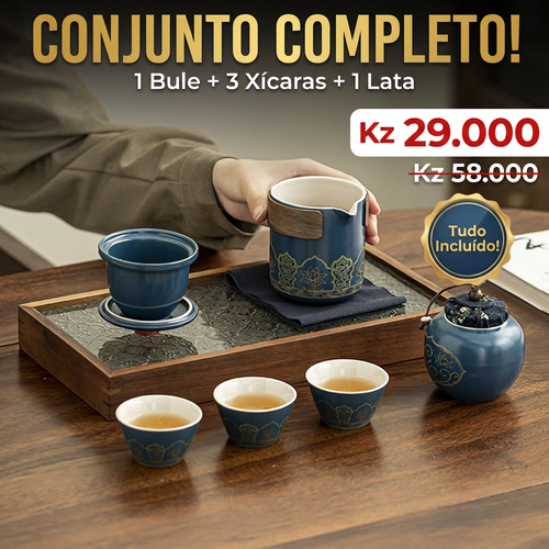 🔥🇦🇴Luanda 🍵✨ Conjunto Chá Portátil 🎒 Uma chaleira + 4 copos ☕ Cerâmica azul com dourado 💎 Estilo luxo leve 💼 Ideal para viagem, carro e escritório 🎁 Presente elegante🎁Ótimo presente