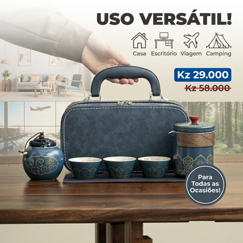 🔥🇦🇴Luanda 🍵✨ Conjunto Chá Portátil 🎒 Uma chaleira + 4 copos ☕ Cerâmica azul com dourado 💎 Estilo luxo leve 💼 Ideal para viagem, carro e escritório 🎁 Presente elegante🎁Ótimo presente