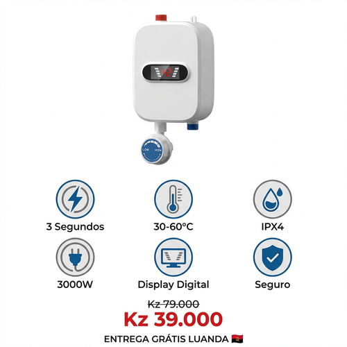 🇦🇴🔥 Luanda | Mini Aquecedor Elétrico Instantâneo🏠🚿 — Banho Quente Rápido 🚿 — Ideal para Casa e Apartamento 🏢 — Instalação Simples 🔧— Sem Reservatório ❌ — Poupa Energia ⚡💰