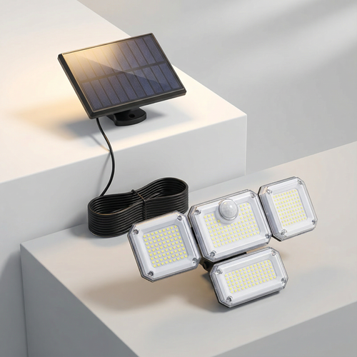 ⚠️☀️Luanda 💡 | Lâmpada Solar de Parede com 4 Cabeças Giratórias 🔄 — Sem Fios ❌🧵, Sem Eletricidade ❌🔌, À Prova de Água 🌧️☀️, Super Brilhante 🔆 com Sensor Inteligente 🚶‍♂️💡 para Proteção do Quintal 🔒🏡