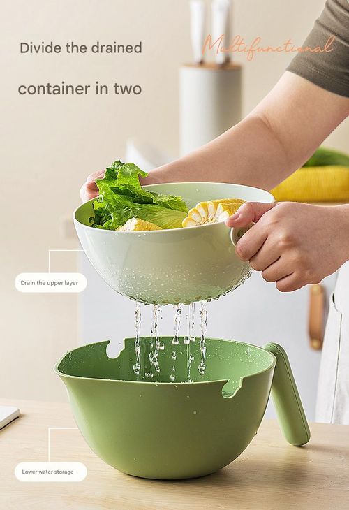 Rotating Kitchen Colander Set, Double Layer Vegetable Washing Basket with Handle Plastic Strainer with Bowl Drain Basket for Pasta, Spaghetti, Fruit, Salads (Avocado Green)