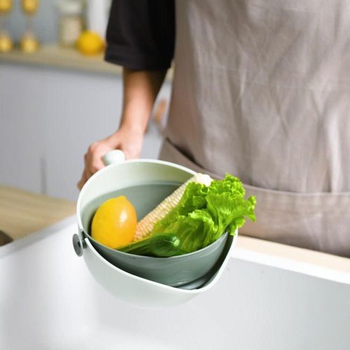 Rotating Kitchen Colander Set, Double Layer Vegetable Washing Basket with Handle Plastic Strainer with Bowl Drain Basket for Pasta, Spaghetti, Fruit, Salads (Avocado Green)