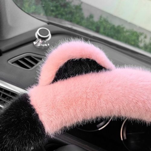 Cute car steering wheel cover with cat ears, universal 38cm, elastic and non-slip, adorable decorative car accessory (pink)