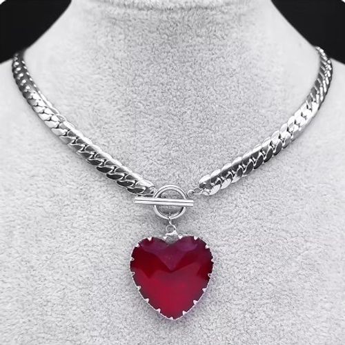 Goth Punk Red Heart Necklace Choker for Women Stainless Steel Silver Color Glass Pendant Clavicle Chain Necklaces Jewelry