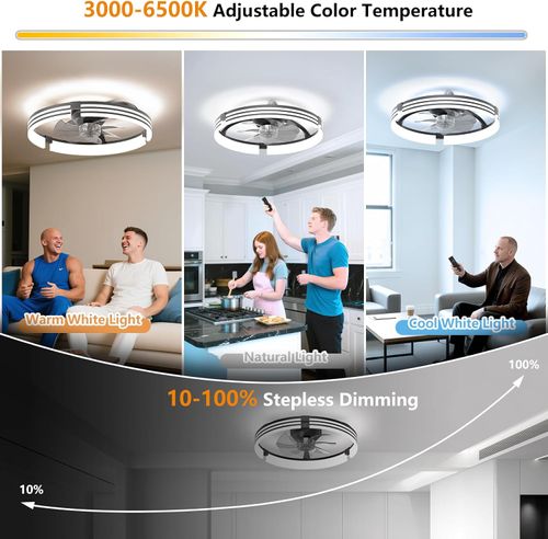 Ceiling Fans with Lights and Remote, 20'' Low Profile Ceiling Fan, 1-6 Wind Speeds, 3000-6500K Dimmable Flush Mount LED Fan Light, Modern Fandelier Ceiling Fans for Bedroom