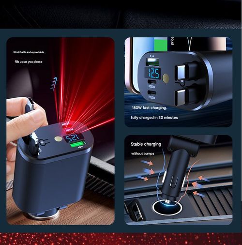 Starry sky design car cigarette lighter charger, 120W super fast charging car charger for mobile phones, with dual ports and retractable cable.