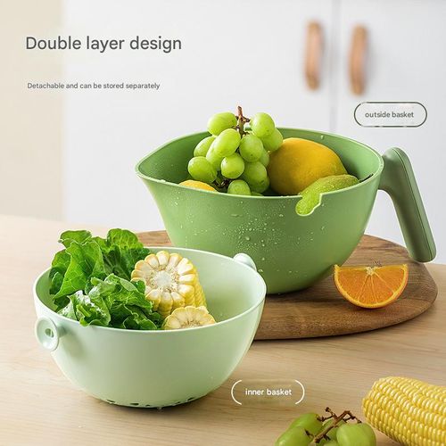 Rotating Kitchen Colander Set, Double Layer Vegetable Washing Basket with Handle Plastic Strainer with Bowl Drain Basket for Pasta, Spaghetti, Fruit, Salads (Avocado Green)