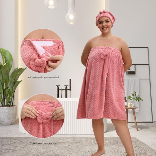 2pcs Wearable Bath Towel Set, Including 1 Dry Hair Cap And Skirt, Soft And Absorbent, A Great Match For The Bathroom(Pink,3XL-4XL)
