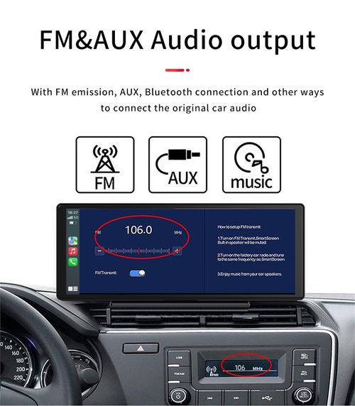 10.26-inch wireless Apple CarPlay and Android Auto in-car screen with 4K dashcam, 1080p rearview camera, Bluetooth, GPS navigation, voice control, Mirror Link function, portable car audio system, compatible with all car models (dashcam + rearview camera).