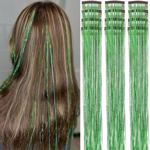 Green hair clips with metallic threads, perfect for parties, cosplay, and New Year celebrations for children and girls (12 pieces, sparkling green).