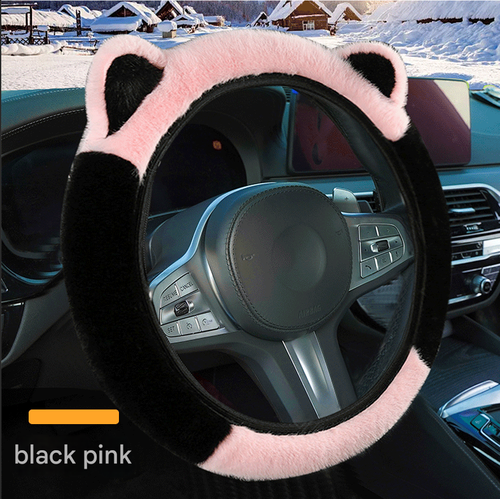 Cute car steering wheel cover with cat ears, universal 38cm, elastic and non-slip, adorable decorative car accessory (pink)