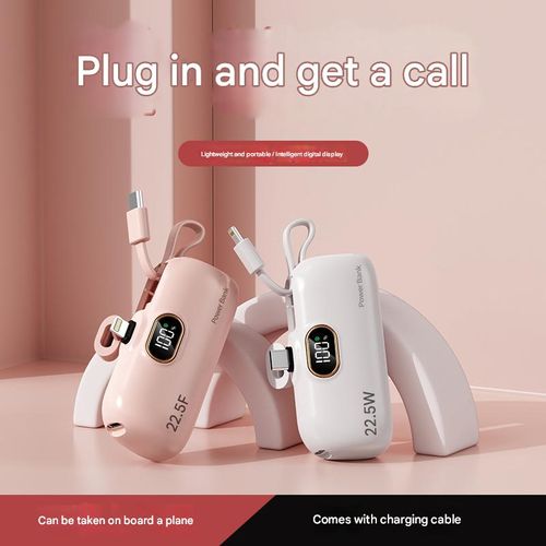 Apple plug + Type-C cable, mini and portable capsule-shaped power bank, 22.5W fast charging mobile power supply, random color, 5000mAh capacity.