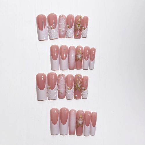 24Pcs Square Press on Nails Long French Tip Fake Nails with Gold Butterfly Flower Rhinestones Designs Acrylic Glue on Nails Reusable Artificial Stick on Nails Coffin Shaped False Nails for Women Girls