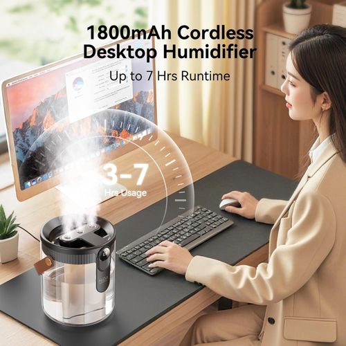 Rechargeable Portable Top Fill Humidifier, Smart Humidifiers for Bedroom, Night Light, 1.4L Cool Mist Humidifier for Office Home Plant Baby, 3-Speed Mist Control, Quiet, Auto Shut-Off (Grey)