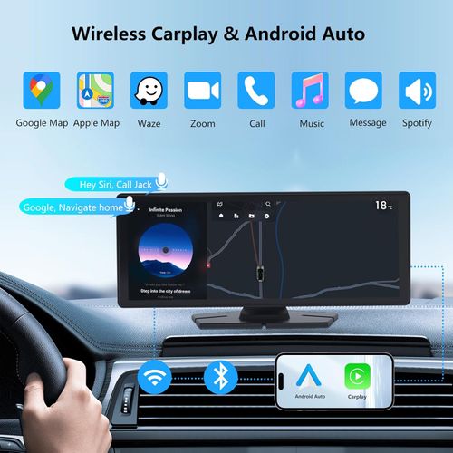 10.26-inch wireless Apple CarPlay and Android Auto in-car screen with 4K dashcam, 1080p rearview camera, Bluetooth, GPS navigation, voice control, Mirror Link function, portable car audio system, compatible with all car models (dashcam + rearview camera).