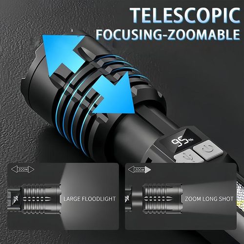 2PACKS High Lumen Rechargeable LED Flashlights Ultra-Bright Flashlights 5 Modes With COB Light Tactical Accessories  Zoom-able Torch Handheld Digital Display Flashlight  For Outdoor Emergency Signaling Backyard BBQ Adjust Brightness Labor Day spotlight