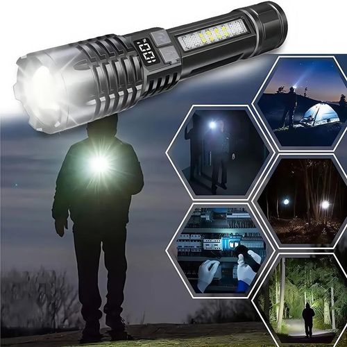 2PACKS High Lumen Rechargeable LED Flashlights Ultra-Bright Flashlights 5 Modes With COB Light Tactical Accessories  Zoom-able Torch Handheld Digital Display Flashlight  For Outdoor Emergency Signaling Backyard BBQ Adjust Brightness Labor Day spotlight