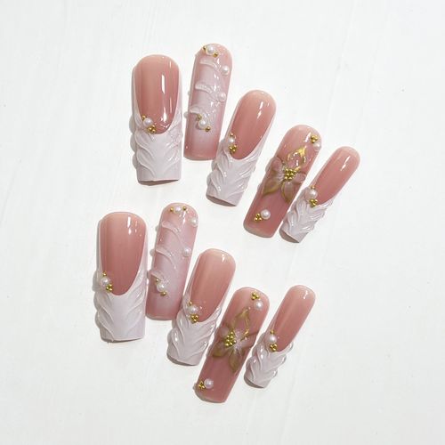 24Pcs Square Press on Nails Long French Tip Fake Nails with Gold Butterfly Flower Rhinestones Designs Acrylic Glue on Nails Reusable Artificial Stick on Nails Coffin Shaped False Nails for Women Girls