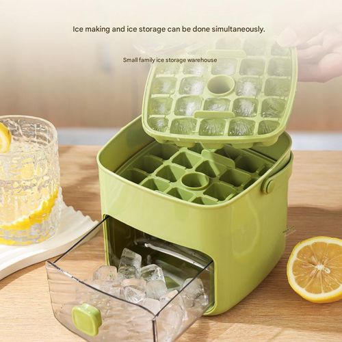 Ice Cube Tray with Lid and Bin Ice Cube Trays for Freezer Ice Tray Ice Mold Ice Maker Containers Box for Drinks Whiskey Beer Cocktail Coffee with 2 Trays and Ice Storage Bin Tweezers (Green)