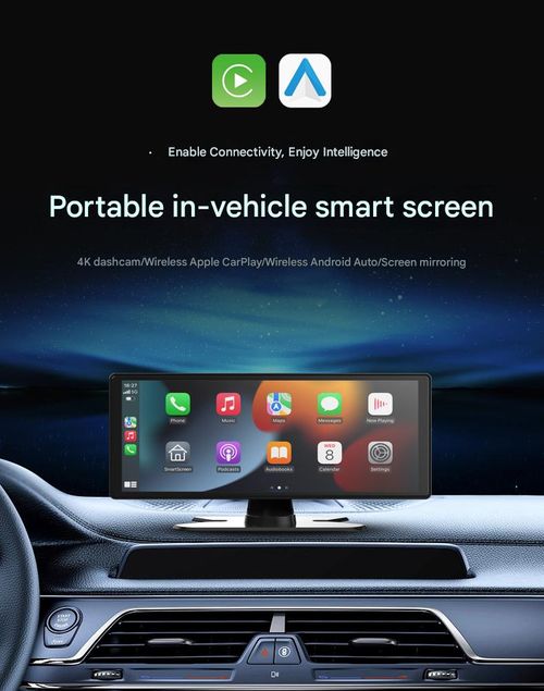 10.26-inch wireless Apple CarPlay and Android Auto in-car screen with 4K dashcam, 1080p rearview camera, Bluetooth, GPS navigation, voice control, Mirror Link function, portable car audio system, compatible with all car models (dashcam + rearview camera).