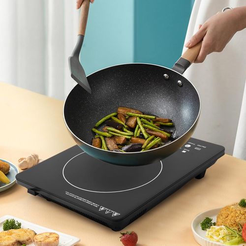 Portable induction cooktop, 7 settings, with touch panel, 8 preset cooking programs, adjustable power and temperature, LCD display, automatic pot detection, automatic shut-off, and a 3-hour timer.