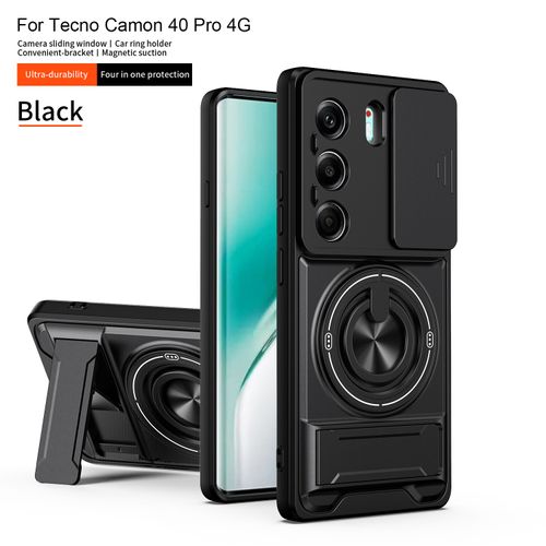 Suitable for Tecno Camon40 Pro (with sliding camera window, stand, TC+TPC material, shockproof and scratch-resistant dual-layer phone case, black)