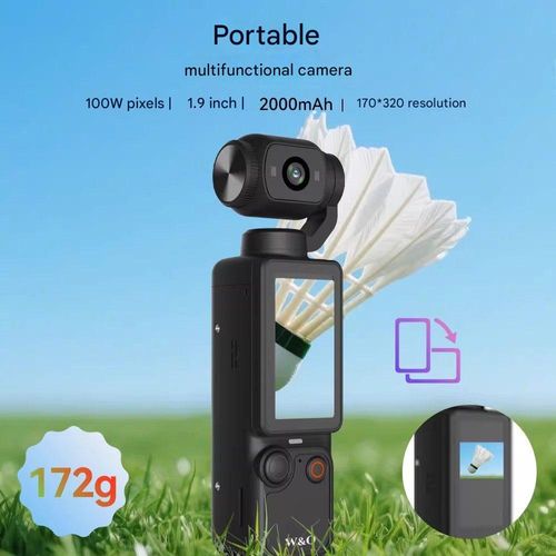 This portable 4K video recorder features a 180° rotating lens and is a pocket-sized vlog camera. It supports audio and video recording, boasts over 7 hours of battery life, and can be used as a handheld POV camera. A 32GB memory card is included (cash on delivery).