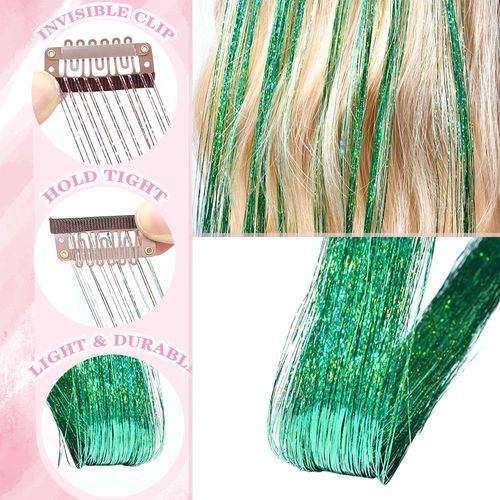 Green hair clips with metallic threads, perfect for parties, cosplay, and New Year celebrations for children and girls (12 pieces, sparkling green).