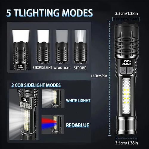 2PACKS High Lumen Rechargeable LED Flashlights Ultra-Bright Flashlights 5 Modes With COB Light Tactical Accessories  Zoom-able Torch Handheld Digital Display Flashlight  For Outdoor Emergency Signaling Backyard BBQ Adjust Brightness Labor Day spotlight
