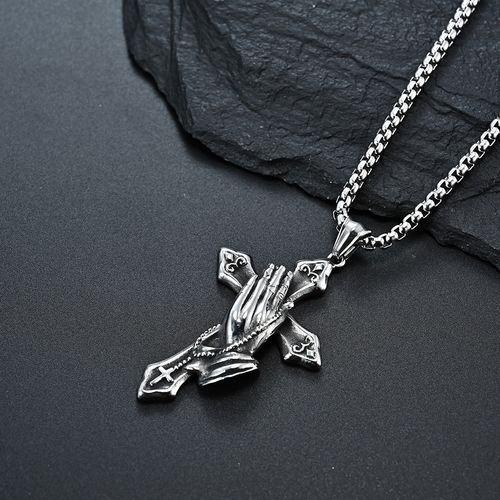 Vintage Catholic Prayer Cross Pendant Necklace For Men Stainless Steel Biker Amulet Prayer Hands Necklace Jesus Jewelry