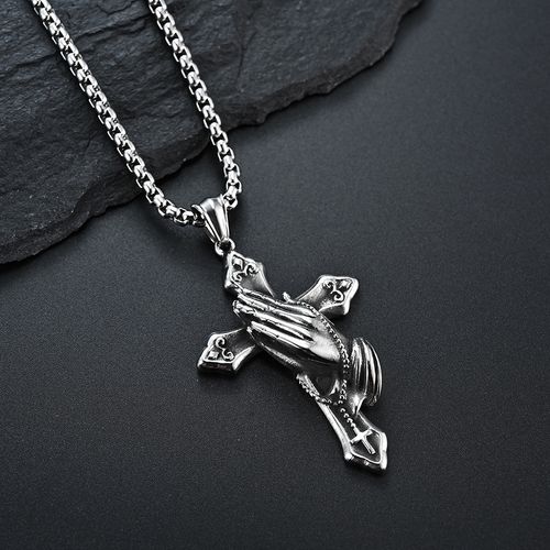 Vintage Catholic Prayer Cross Pendant Necklace For Men Stainless Steel Biker Amulet Prayer Hands Necklace Jesus Jewelry