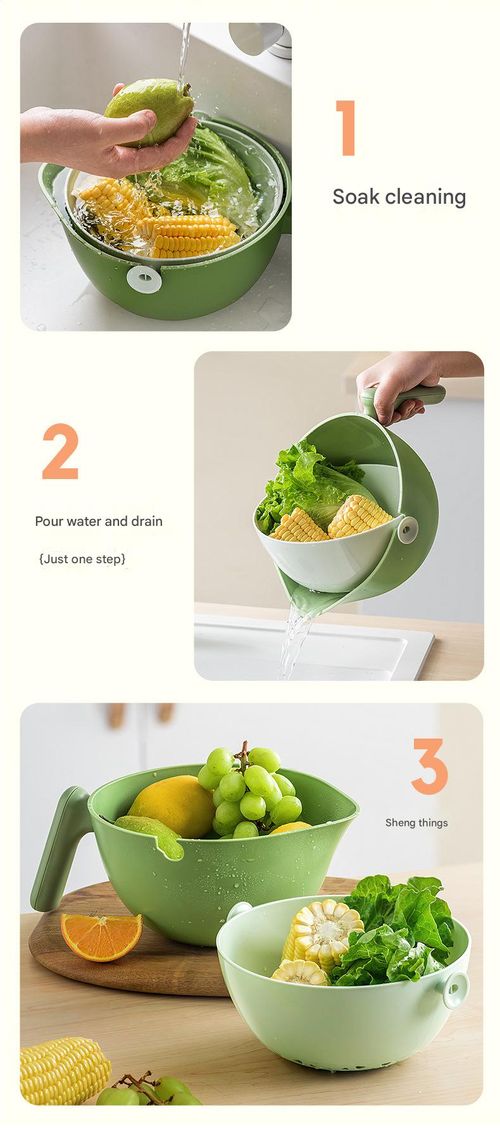 Rotating Kitchen Colander Set, Double Layer Vegetable Washing Basket with Handle Plastic Strainer with Bowl Drain Basket for Pasta, Spaghetti, Fruit, Salads (Avocado Green)
