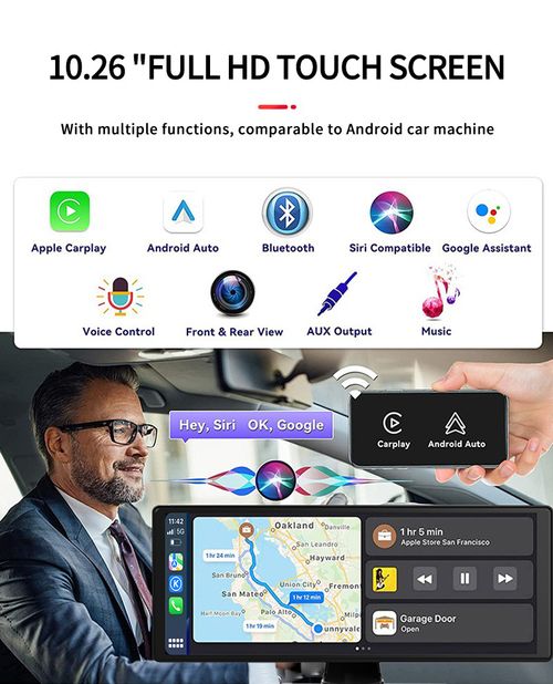 10.26-inch wireless Apple CarPlay and Android Auto in-car screen with 4K dashcam, 1080p rearview camera, Bluetooth, GPS navigation, voice control, Mirror Link function, portable car audio system, compatible with all car models (dashcam + rearview camera).