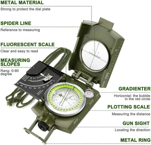 Outdoor lens compass, multi-functional compass with aiming and protractor, includes storage bag, military-grade high-precision compass navigation, professional camping luminous compass, waterproof and shockproof, suitable for hiking, outdoor activities, rock climbing, and camping (cash on delivery).