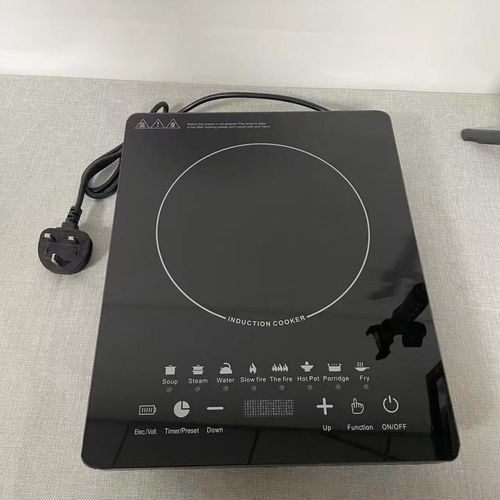 Portable induction cooktop, 7 settings, with touch panel, 8 preset cooking programs, adjustable power and temperature, LCD display, automatic pot detection, automatic shut-off, and a 3-hour timer.